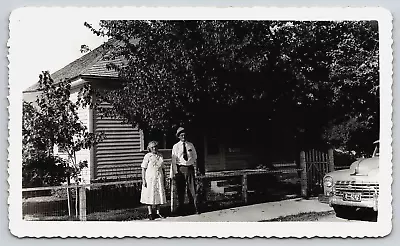 Photograph Snapshot Man Woman House Outdoors Vintage Car Lewistown Montana 1962 • $4.49