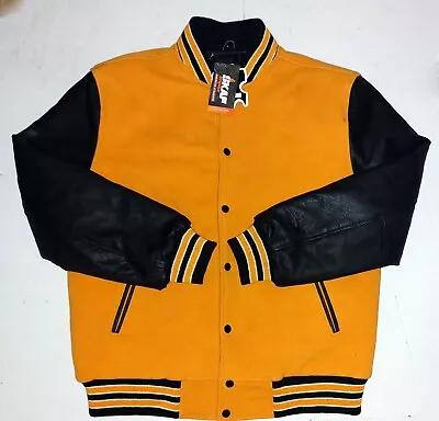 Varsity Letterman Jacket Bomber Sport Jacket Melton Wool & Leather Gold/Black • $119.99