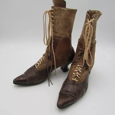 Antique Victorian Leather Boots Lace Up Women's Brown Pointed Toe • $48.99