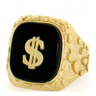 Solid Nugget Dollar Mens Ring In 10K Yellow Gold Over With Black Enamel Sz: 8-17 • $199.99