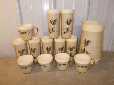 Vintage Thermo-Serv Hot/Cold Insulated Pitcher CUPS GLASSES Burlap Tiki SET • $19.99