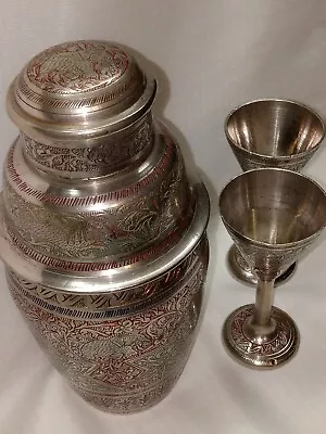 Vintage Engraved And Enameled Cocktail Shaker And 2 Mini Goblets • £53