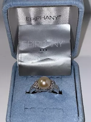 NIB QVC Epiphany Platinum Clad Diamonique Cultured Pearl Ring Light Peach Sz. 8 • $19.99