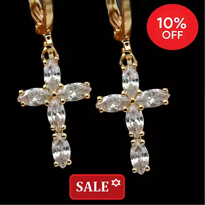 £13.49 • Buy Men's Women Small Cross Simulated Diamond 18k Yellow Gold Filled Hoop Earrings 
