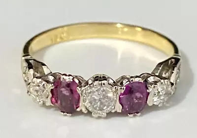 An Early 18K Solid Gold W/ Ruby & Diamond Five Stone Ring Size O 1/2  -  7 1/4 • $640