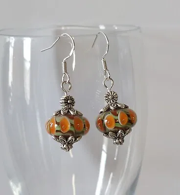 925 Sterling Silver Hook Orange Murano Glass Lampwork Beads Dangle Earrings Us • $14.98