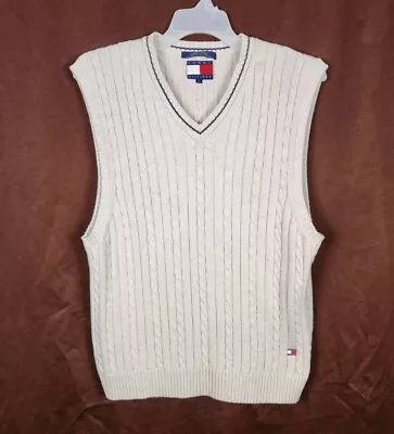 Vintage Tommy Hilfiger Sweater Vest Large Beige Men V-Neck Cable Knit Cotton  • $11.95