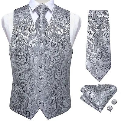 DiBanGu Mens Waistcoat Tie And Pocket Square Wedding Paisley Vest Suit • £23.99