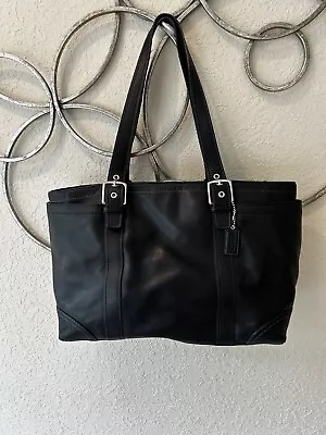 Vintage Coach Black Soft Leather Tote Top Zip Large Handbag Satchel Double • $79