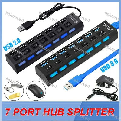 7 Port USB 2.0/3.0 Hub Splitter AC Adapter On/Off Switch Extension For Laptop PC • $7.91