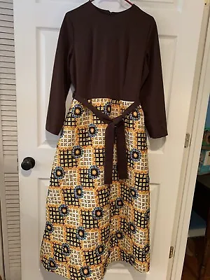 Vintage 1960's Sears Mod Quilted Hippie Boho Maxi Lounge Hostess Dress Brown • $45.99