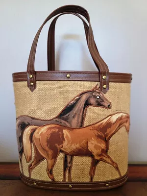 Mid Century RETRO Jeweled Eye Horses Handbag Bucket Purse Burlap Canvas • $39