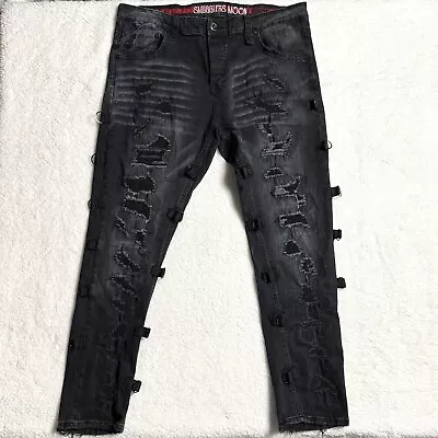 Smugglers Moon Jeans Men's Black Skater Punk Grunge Moto Distressed 42x33 Denim • $29.74