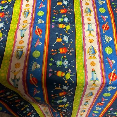 Super Spacey Jackie Decker Fabric Aliens Outer Space Rockets UFO Planet 2 1/4 Yd • $49.99