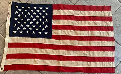 Vintage American Flag DEFIANCE Bunting Embroidered 50 Star Cotton 2x3 Patina • $37.50