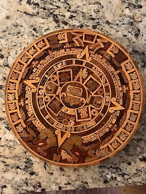 $30 • Buy Aztec Calendar Hand Carved Inlay Wood Art Mexican Detailed Parquetry