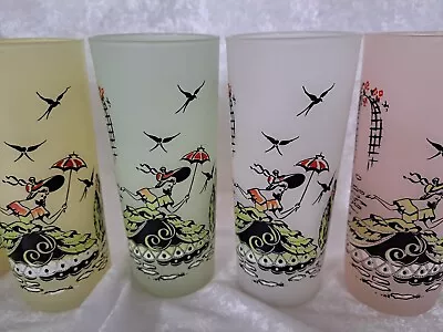 Vintage MCM Set Of 8 Frosted Tom Collins Glasses Woman In Park W/Umbrella 6.5  H • $20