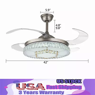 Retractable Ceiling Fan Light LED Chandelier Lamp + Remote Control Crystal  42'' • $95