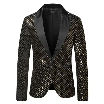 Men Bling Sequins Tuxedo Suit One Button Party Coat Blazer Gentleman Jacket UK • £26.99