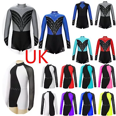 UK Kid Girls Shiny Long Sleeve Gymnastics Ballet Dance Leotard Jumpsuit Costume • £10.72