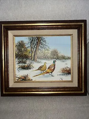 Vtg Oil Painting On Canvas Landscape Pheasant 70s Signed J.Bronson Wood Framed • $27.99