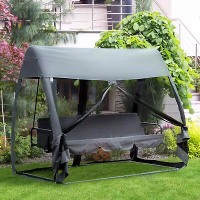 Swing Chair Lounger Bed Hammock 3 Person Mesh Wall Canopy Grey Garden Patio • £199.99