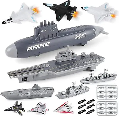 Aircraft Carrier Toy Military Submarine Naval Ship Play Set W/6 PCS Planes Gift • £14.48