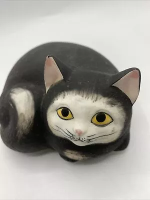 1982 Mann Curled Up Black Cat Ceramic Music Box Plays Memories Tested Working • $25