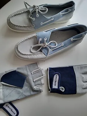 Sailing Yachting Sperry Deck Shoes + Rope Gloves Leather Ladies 5.5 Grey Blue • £25