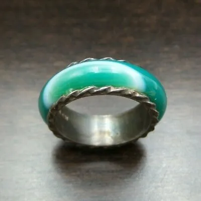 Beautiful Vintage European 800 Silver & Green Agate Gemstone Designer Ring • $49.99