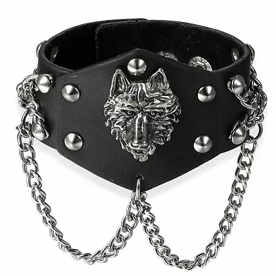 Mens Wide Belt Cuff Punk Leather Wolf Head Wrist Band Bangle Bracelet Adjustable • $9.99