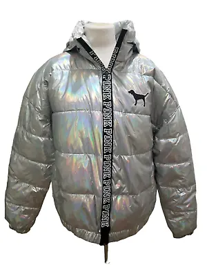 Victoria's Secret PINK Puffer Jacket Silver Metallic Iridescent  Zip Hood Size L • $80