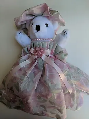 Plush Teddy Bear Dressed On Stand Pearls Ribbons Flowers Soft Pinks & Greens • $19.99