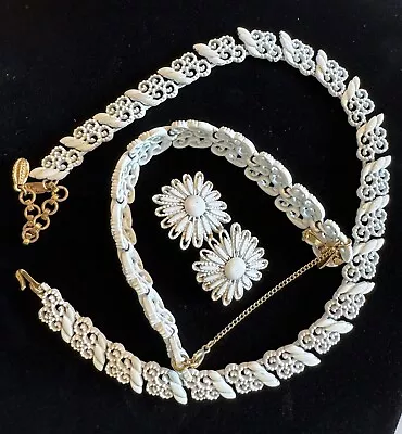 Vintage Monet White Enamel Necklace Bracelet Earrings Set • $1.25