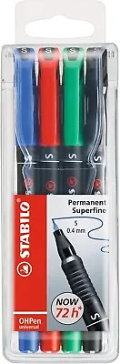 STABILO OHP Pen Permanent SUPERFINE Black Blue Green And Red Colours Set Of 4 • £6.97