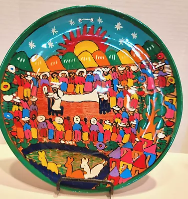 Mexican Celebration Story Plate Folk Art Hand Painted Clay 10in. Vintage EUC  • $38