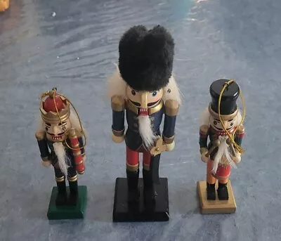 3pc. Wooden Nutcracker Statue And Ornament Set Two 5  & One 7.5  Working Statue • $11.99