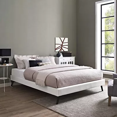 Mid-Century Modern Faux Leather King Platform Bed Frame With Wood Slats In White • $243.94