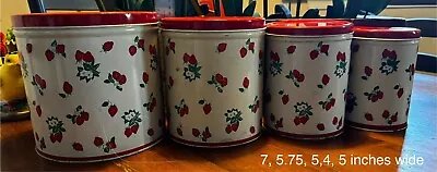 Vintage Red White Strawberry Tins Kitchen Canister  Metal Set Of 4 • $39.99
