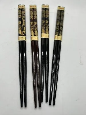 Vintage To Now Chopsticks Lot 4 Pairs Wood Gold Design New 9” • $9.99