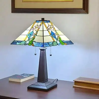 Mission 23in Stained Glass Floral Tiffany Style Table Accent Lamp Blue And Green • $179.77