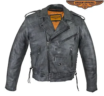 Men's Motorcycle Distressed Gray Naked Cowhide Leather Biker Side Laces Jacket • $149.99