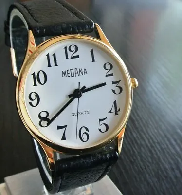 Vintage Medana Sport Classic Dial Swiss Quartz Men's Gold Blk Leather Watch New • $7.99