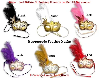 Feather Masquerade Mask Venetian Style Glitter Party Mask Carnival Ball Mask • £7.95
