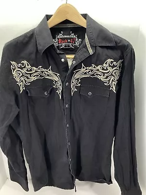 Rock 47 Western Pearl Snap Shirt Men Large Black Embroidered Long Sleeve Rodeo • $27.95