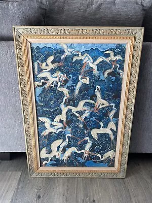 VINTAGE 1960's ORIGINAL WHITE HERONS BALINESE UBUD PAINTING ON CANVAS SIGNED • $750