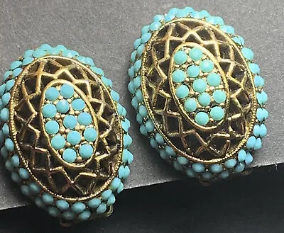 Vintage Signed HAR Clip ON Earring Turquoise Blue Rhinestones Domed Design • $56.10