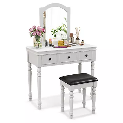 Vanity Table Set Makeup Desk Cushioned Stool 3 Drawer Large Mirror • $179.99