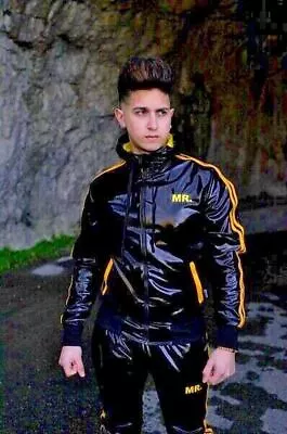 MR. RIEGILLIO PVC Tracksuit Jacket Hoodies Glossy Shiny Black & Yellow Stripes • $123.19