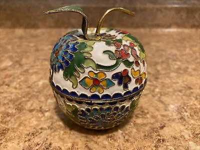 Vintage Cloisonne Apple Shaped Trinket Box Brass Enamel Asian Miniature Pillbox  • $18